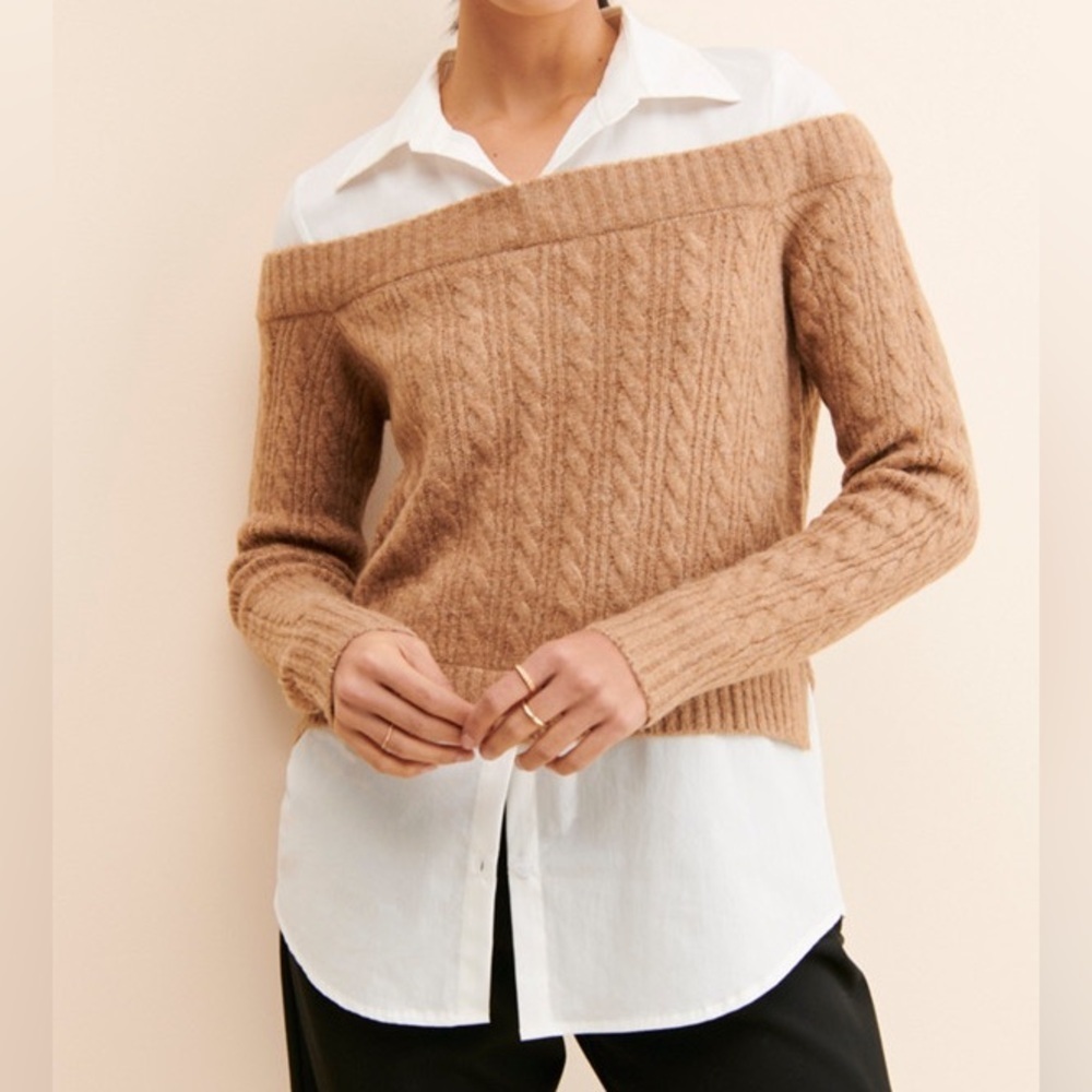 Free People Flat White Cable Knit Off Shoulder Sweater with Collar Size XS
